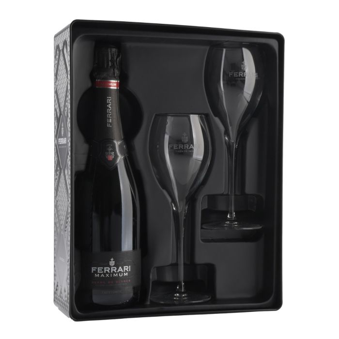 Ferrari, Black tin Gift box 1 fles Maximum Brut + 2 flûtes